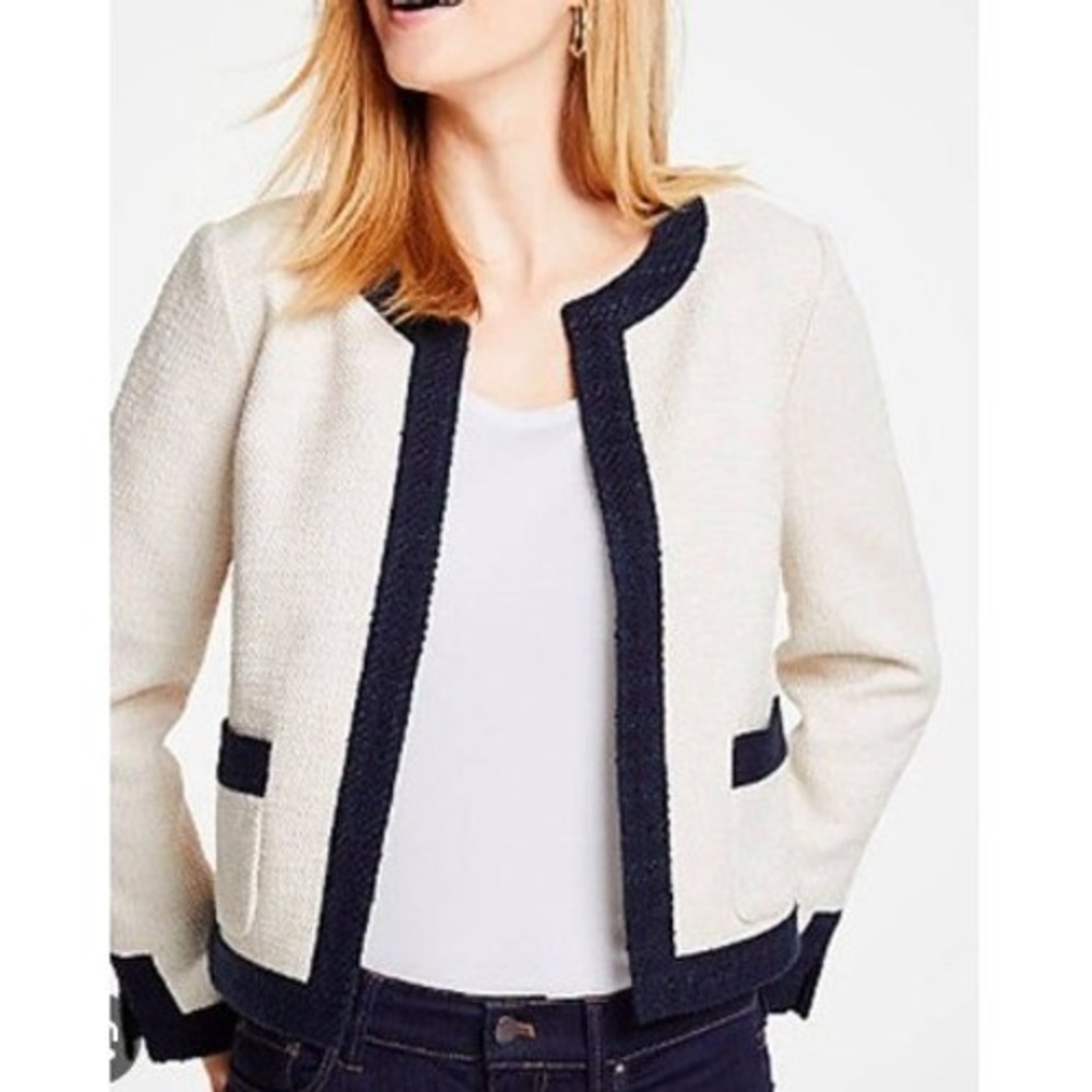 Ann Taylor Contrast Trim Tweed Open Front Blazer Jacket Womens S Cream Navy Chic